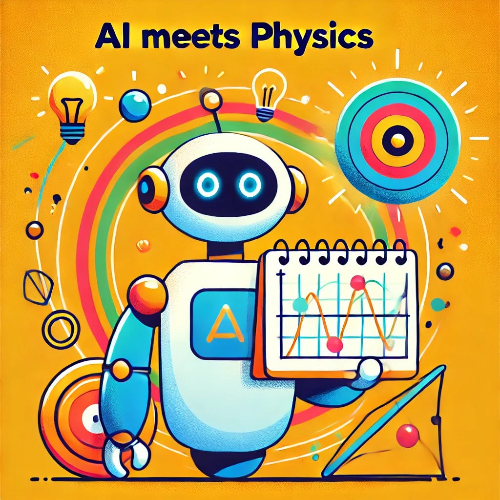 A vibrant and simple vector graphic-style cover image for a blog post about AI in physics education. The design features a friendly AI robot holding a physics diagram (like a trajectory or electric field lines) with lightbulbs floating around its head to signify ideas. A Frisbee is subtly integrated into the background for context. Bright and engaging colors, clean lines, and a fun, modern feel to attract viewers. The title 'AI Meets Physics' is stylized in bold text within the image.