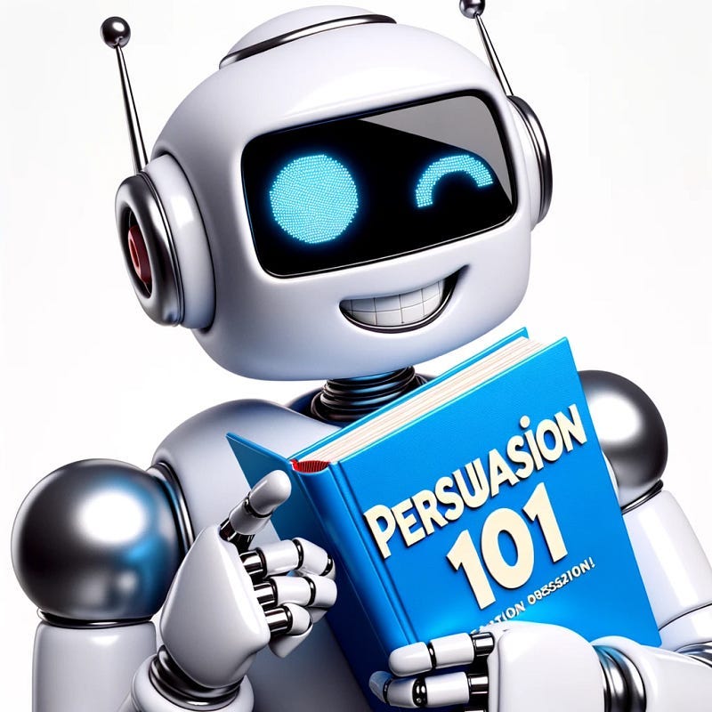 robot holding book titled ‘persuasion 101’