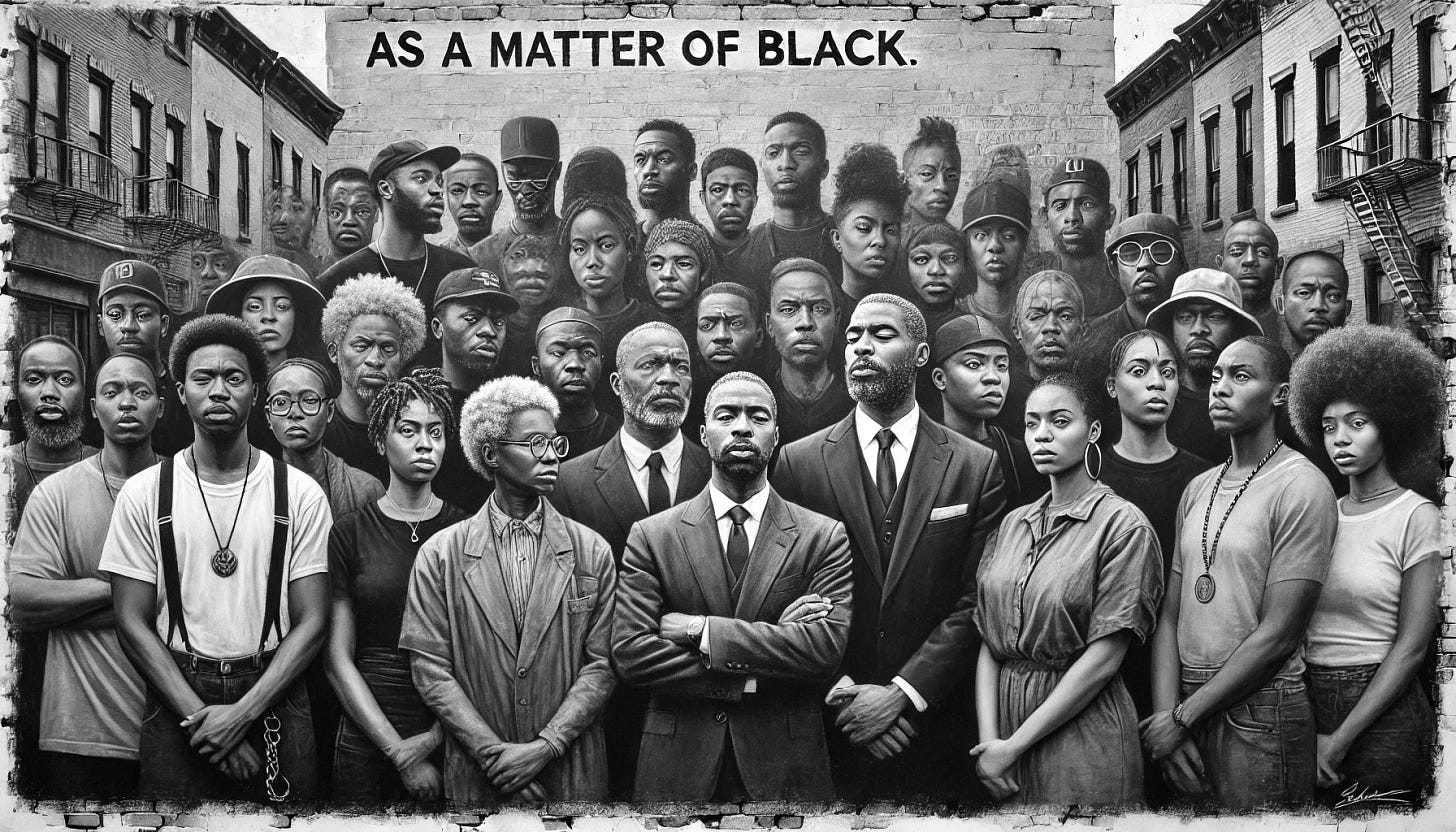 A realistic hand-drawn charcoal artwork in landscape ratio depicting the essence of "As a Matter of BLACK." The scene features a diverse group of Black individuals of varying ages standing together in a united and solemn pose, symbolizing resilience and determination. Their expressions are realistic and detailed, showing a mix of pride, strength, and reflection. The background is urban but understated, with subtle references to historical and contemporary struggles such as a worn brick wall and faint protest imagery. The charcoal technique emphasizes strong contrasts and realistic textures, with detailed facial features and natural shading. The figures are dressed in modern attire, anchoring the image in the present, while the overall tone remains serious and reflective, focusing on the enduring fight for justice and equality. A realistic hand-drawn charcoal artwork in landscape ratio depicting the essence of "As a Matter of BLACK." The scene features a diverse group of Black individuals of varying ages standing together in a united and solemn pose, symbolizing resilience and determination. Their expressions are realistic and detailed, showing a mix of pride, strength, and reflection. The background is urban but understated, with subtle references to historical and contemporary struggles such as a worn brick wall and faint protest imagery. The charcoal technique emphasizes strong contrasts and realistic textures, with detailed facial features and natural shading. The figures are dressed in modern attire, anchoring the image in the present, while the overall tone remains serious and reflective, focusing on the enduring fight for justice and equality.