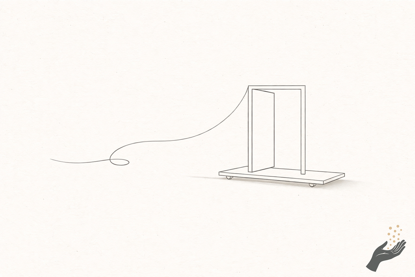 Minimalist line drawing on cream paper showing a simple open door on the right side of the image, with a thin curved line extending from it back toward the left, suggesting return or continuation rather than arrival.