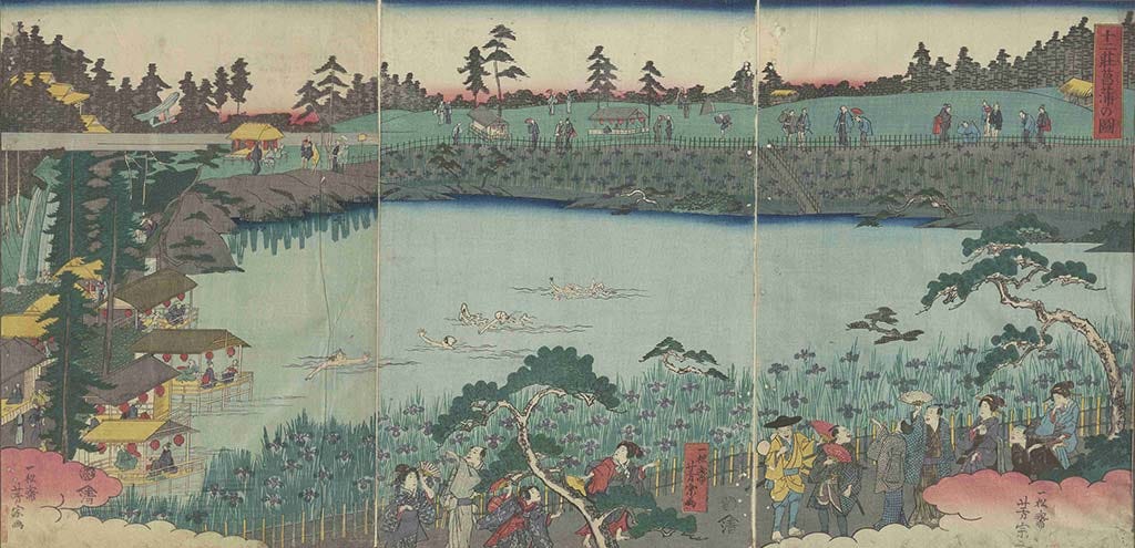 Woodblock print by Utagawa Yoshimune of Jūnisō Pond in 1860 Woodblock print by Utagawa Yoshimune of Jūnisō Pond in 1860