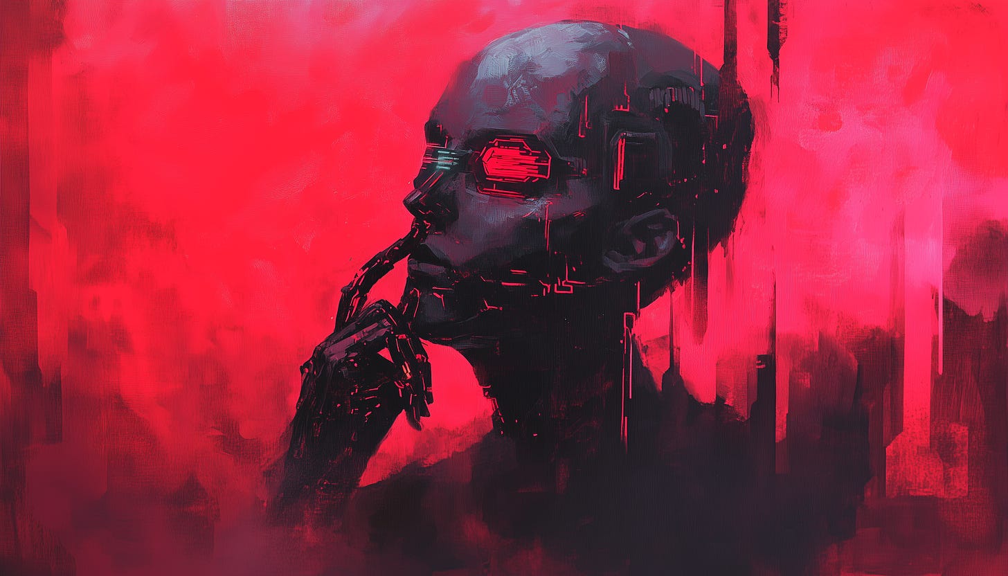 A futuristic figure with a robotic appearance contemplates deeply, with glowing red digital glasses and dark mechanical lines across its body. The vivid red background evokes a sense of urgency and danger, symbolizing the complexity and seriousness of the AI threat landscape and the need for careful thought and analysis in navigating AI-related risks.
