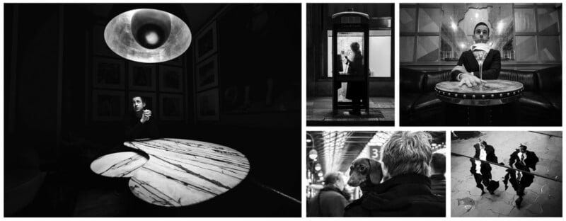 A collage of five black-and-white photos: a man sits at a marble table under a large lamp, two people stand in a phone booth, a man sits at a round table, a dog looks over a man's shoulder in a crowd, and reflections of people on wet pavement. A collage of five black-and-white photos: a man sits at a marble table under a large lamp, two people stand in a phone booth, a man sits at a round table, a dog looks over a man's shoulder in a crowd, and reflections of people on wet pavement.