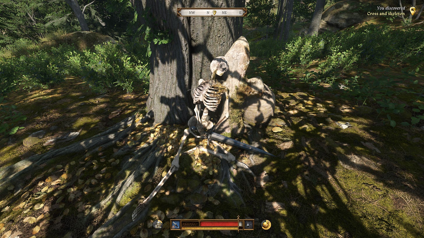 A screenshot of Kingdom Come: Deliverance II, showing a skeleton sitting against a tree, holding a broadsword, in the middle of the woods.