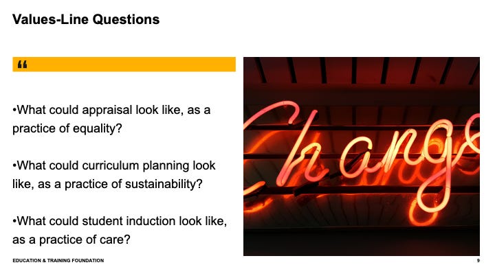 Values-line questions ask: what could appraisal look like, as apractice of equality?
