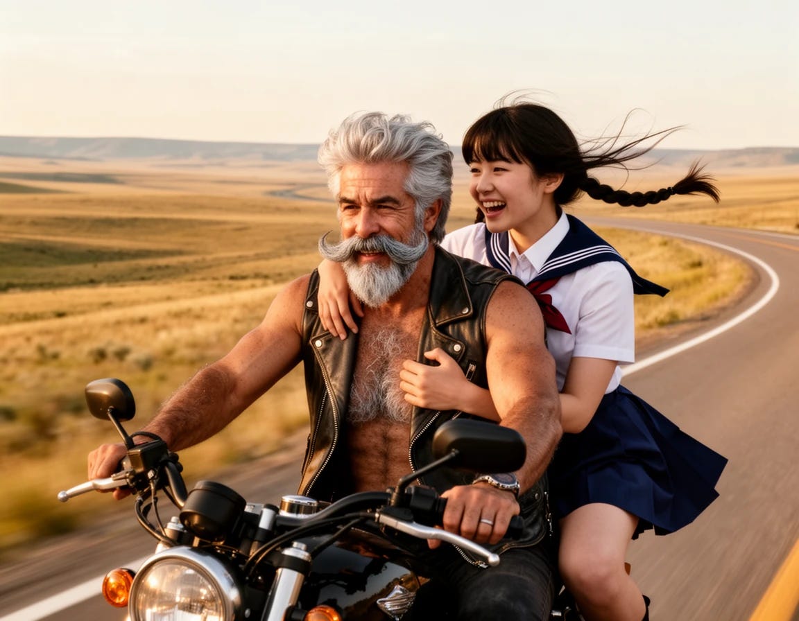 Rough biker with grey hair and gray fu man chu facial hair style, with thick grey chest hair riding his motorcycle in the Montana with Japanese woman dressed in school girl attire grabbing on to his chest