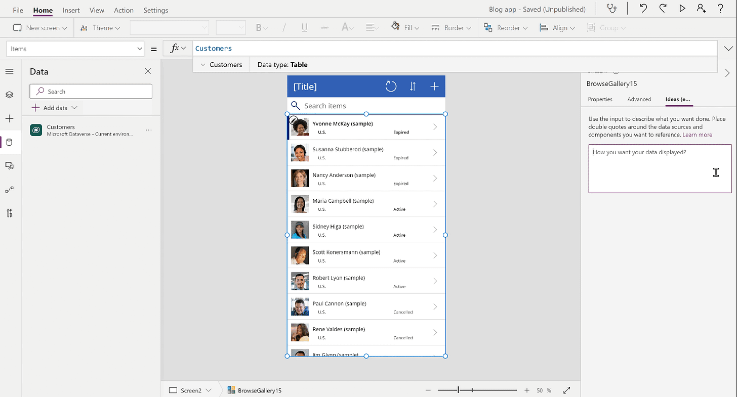 PowerApps は、自然言語入力に基づいて Power Fx 数式を自動的に生成できます