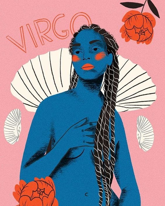 Image ID: This image is an artistic representation of the Virgo zodiac sign. It features a woman with blue skin and long braided hair, set against a pink background. She is positioned in front of a large seashell, reminiscent of the iconic image of Venus. The word "VIRGO" is written above her in bold, orange letters. The design includes red flowers and abstract shapes, giving it a vibrant and modern aesthetic. The woman appears serene, with orange blush on her cheeks, adding a pop of color to her blue skin.