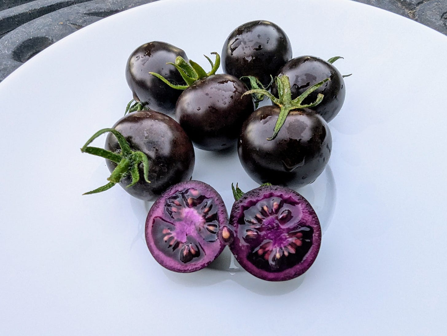 6 dark purple, almost black cherry tomatoes rest on a white saucer with a glisten of water beads. A 7th in front is sliced in half revealing deep purple color throughout the flesh with some pale purple edges.