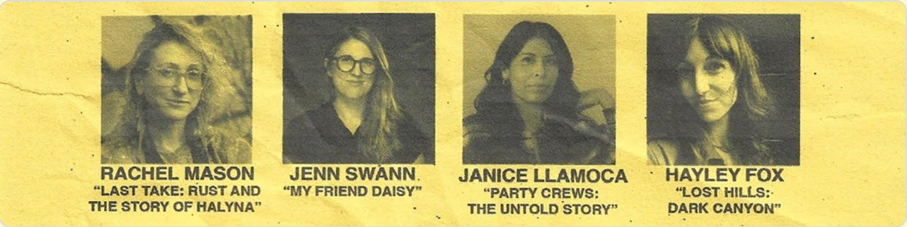 Four black-and-white headshots of journalists on a yellow background with their names and audio documentary titles: Rachel Mason (“Last Take: Rust and the Story of Halyna”), Jenn Swann (“My Friend Daisy”), Janice Llamoca (“Party Crews: The Untold Story”), and Hayley Fox (“Lost Hills: Dark Canyon”).