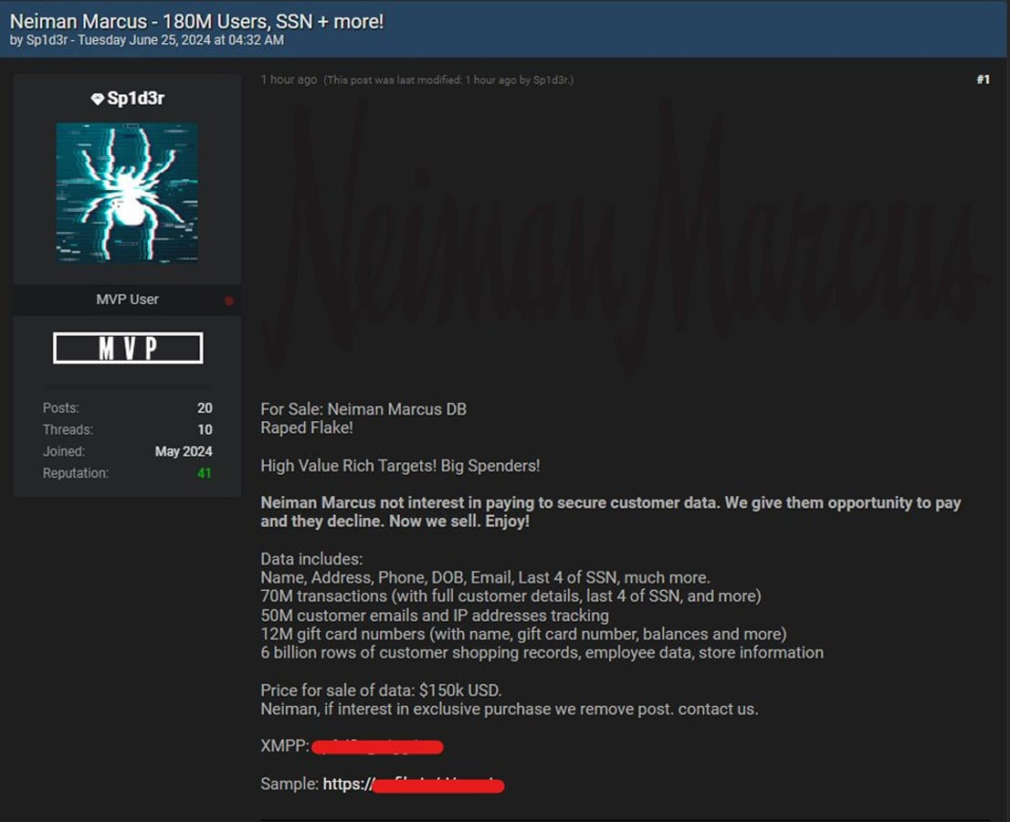 Neiman Marcus data for sale on hacking forum