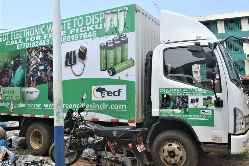 A Green Cities truck in Monrovia, Liberia. A Green Cities truck in Monrovia, Liberia.