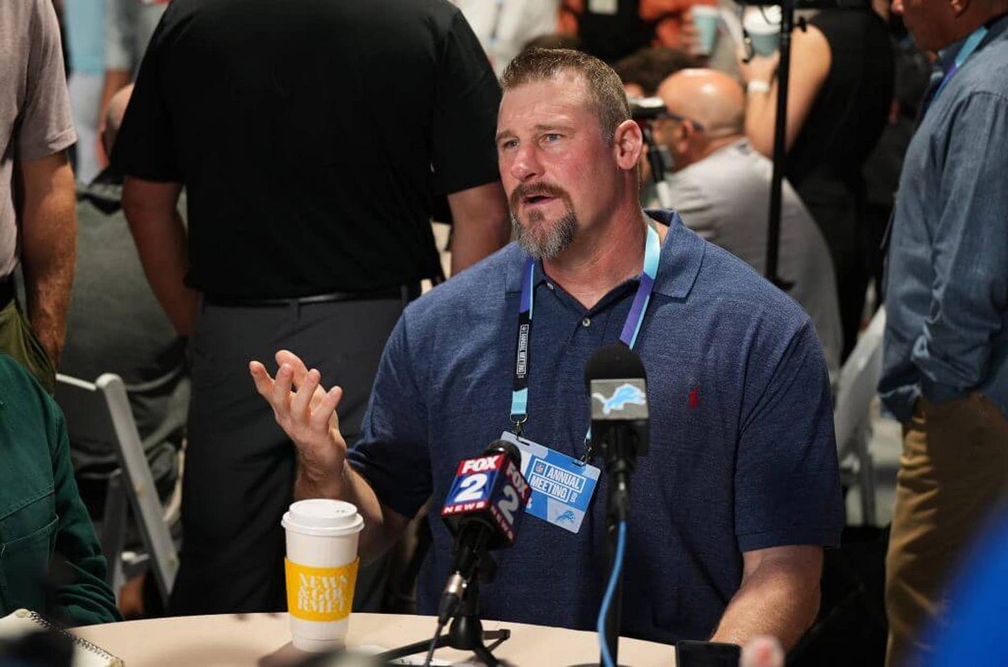 Apr 1, 2025; Palm Beach, FL, USA; Detroit Lions head coach Dan Campbell answers questions from the media during the NFL Annual League Meeting at The Breakers. Mandatory Credit: Jim Rassol-Imagn Images Apr 1, 2025; Palm Beach, FL, USA; Detroit Lions head coach Dan Campbell answers questions from the media during the NFL Annual League Meeting at The Breakers. Mandatory Credit: Jim Rassol-Imagn Images