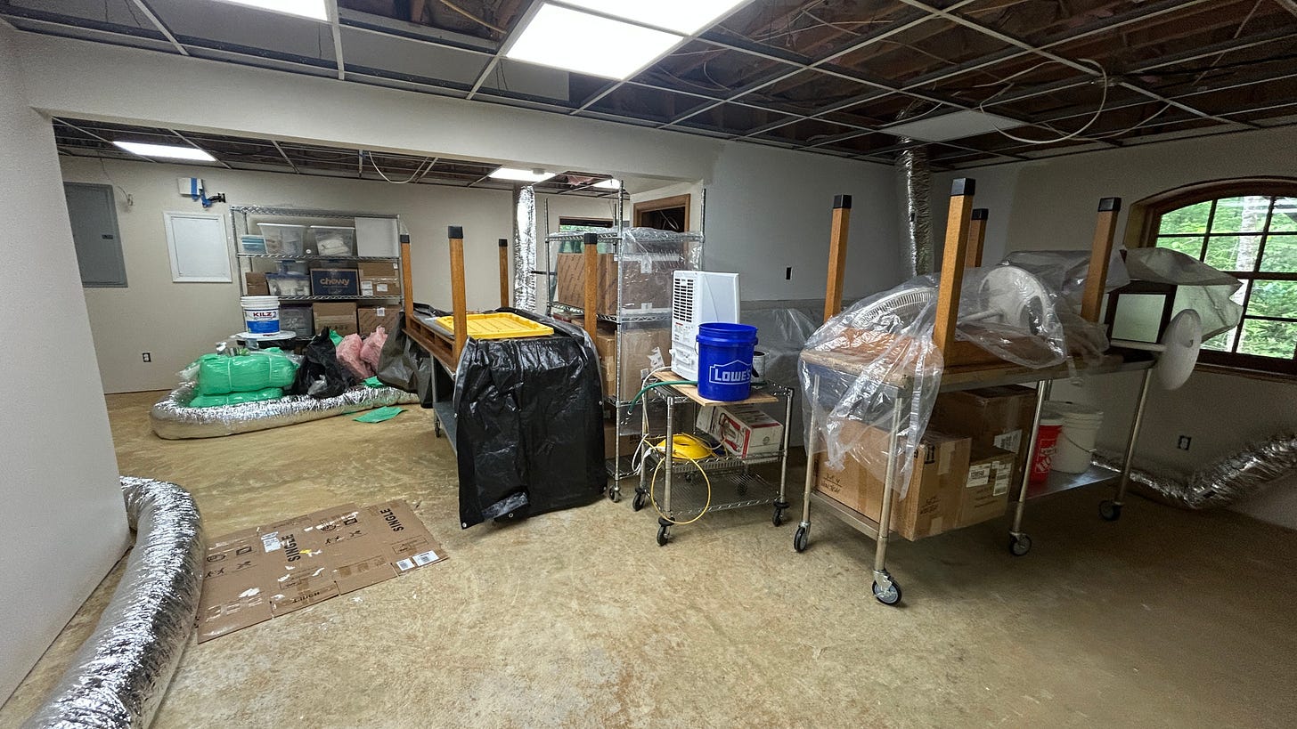 The basement remodel in progress at WoolTribe's new cabin. Photo shows duct work for the HVAC system that is being installed. The basement remodel in progress at WoolTribe's new cabin. Photo shows duct work for the HVAC system that is being installed.