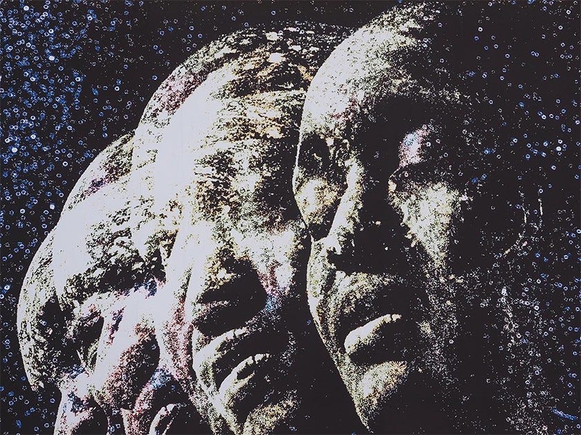 Mikael Owunna's "Anatomy of the Human" features a sparkling Black face repeated three times, each face less distinguishable than the first. Mikael Owunna's "Anatomy of the Human" features a sparkling Black face repeated three times, each face less distinguishable than the first.