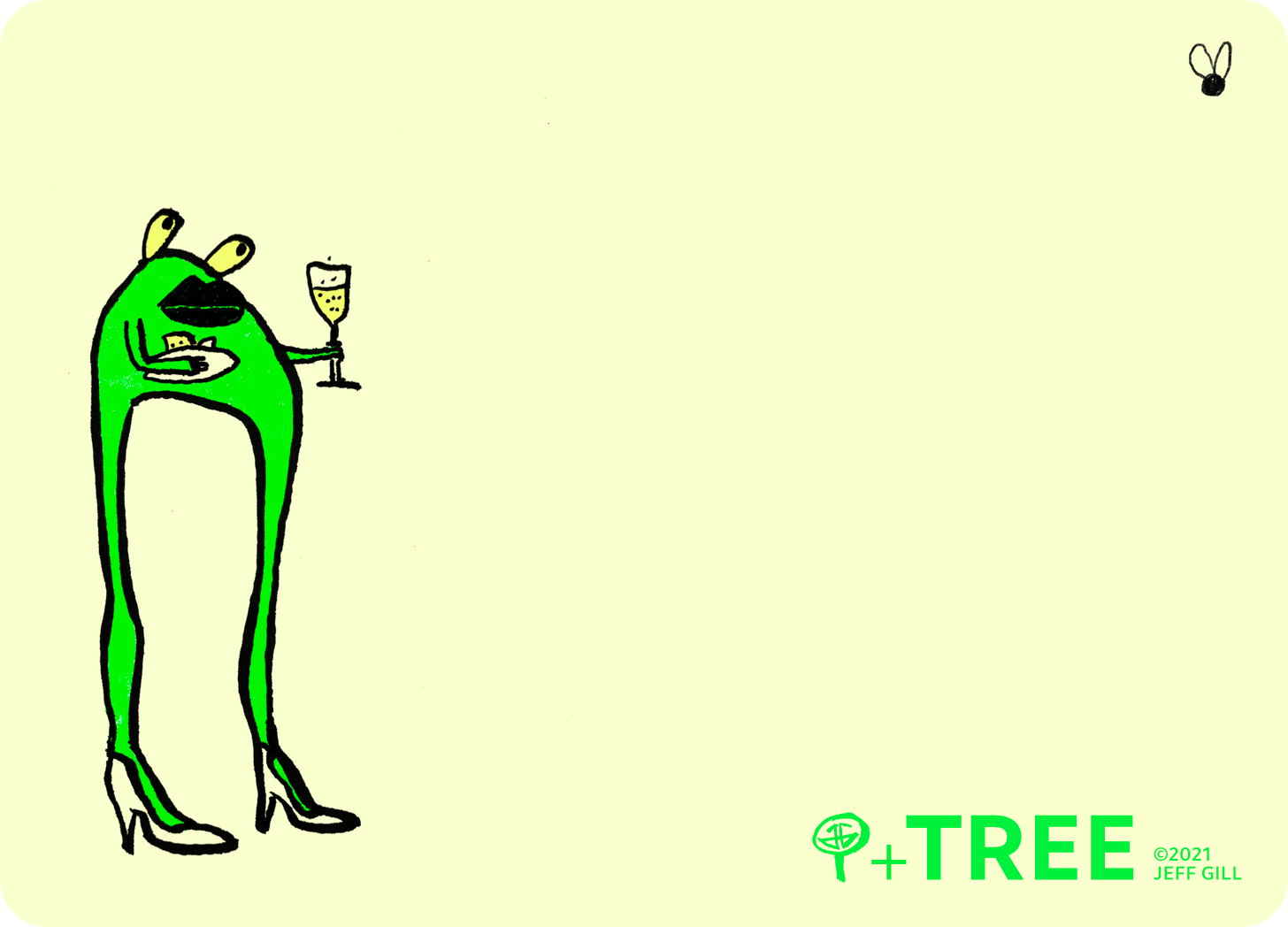An illustration of a frog wearing high heels. She is holding a plate of canapés and a glass of sparkling wine. She is looking at a fly which is some distance from her.