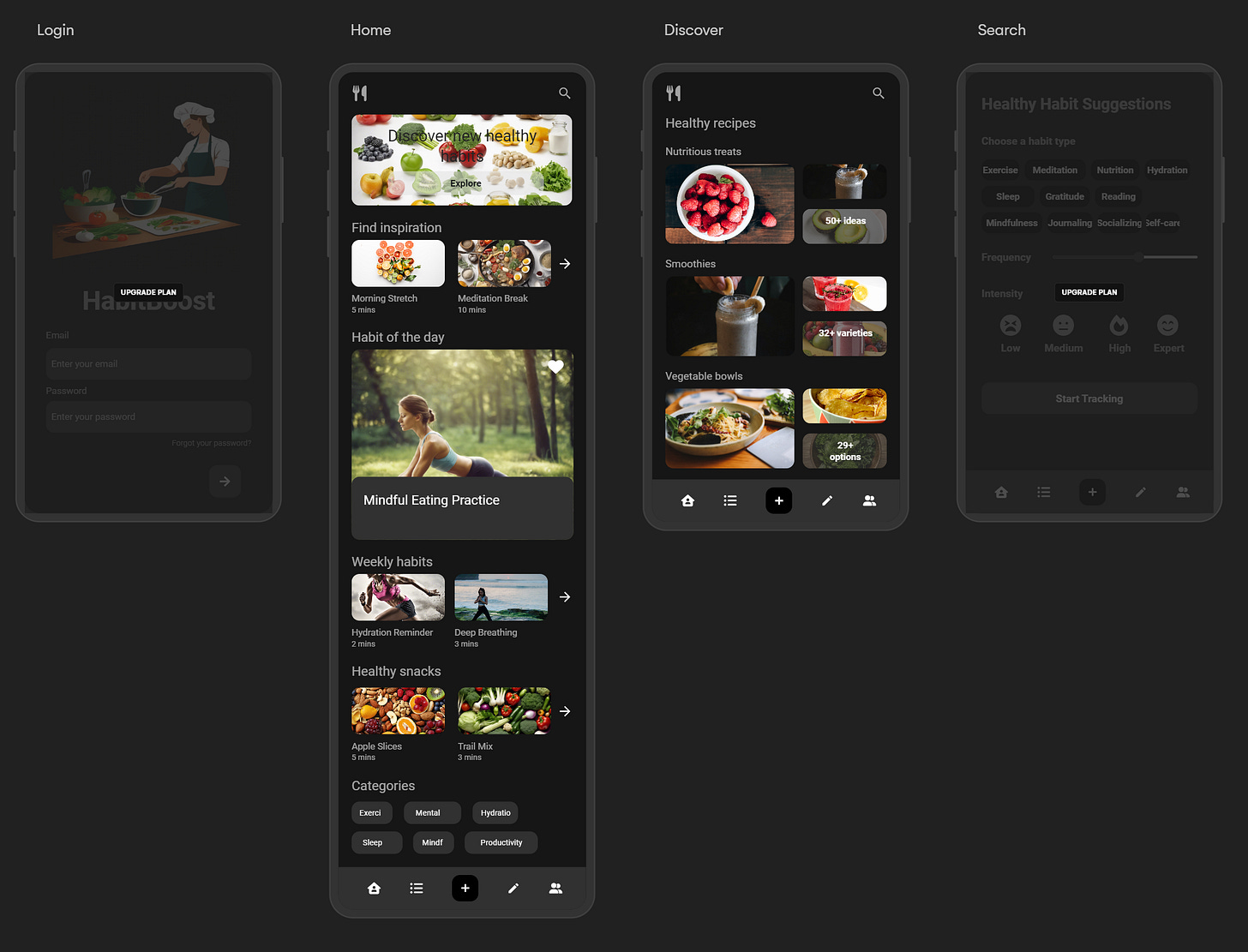 Mockups of a health app generated by Uizard.