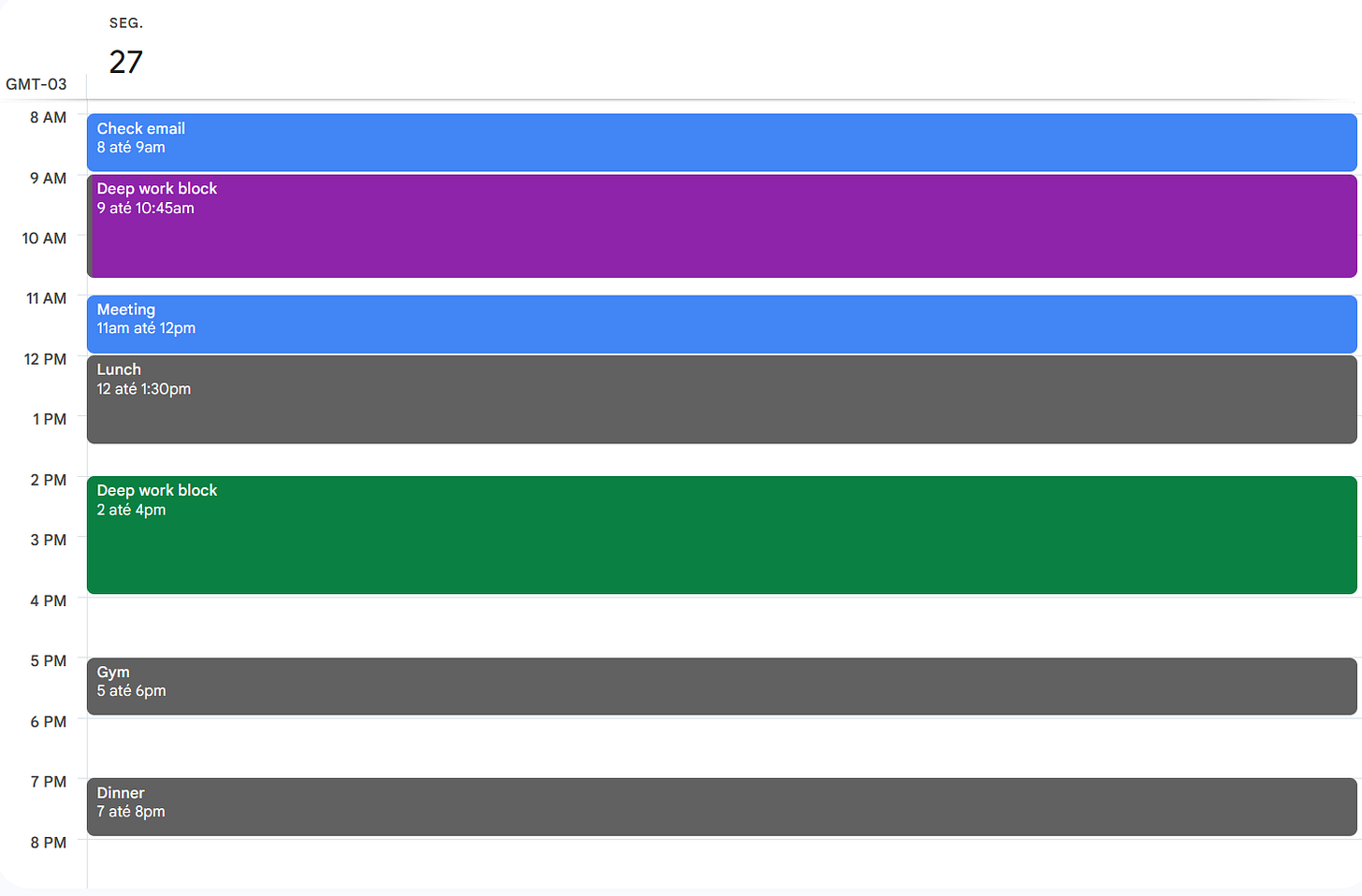 Screenshot of a calendar with spaced tasks and deep work time blocls Screenshot of a calendar with spaced tasks and deep work time blocls