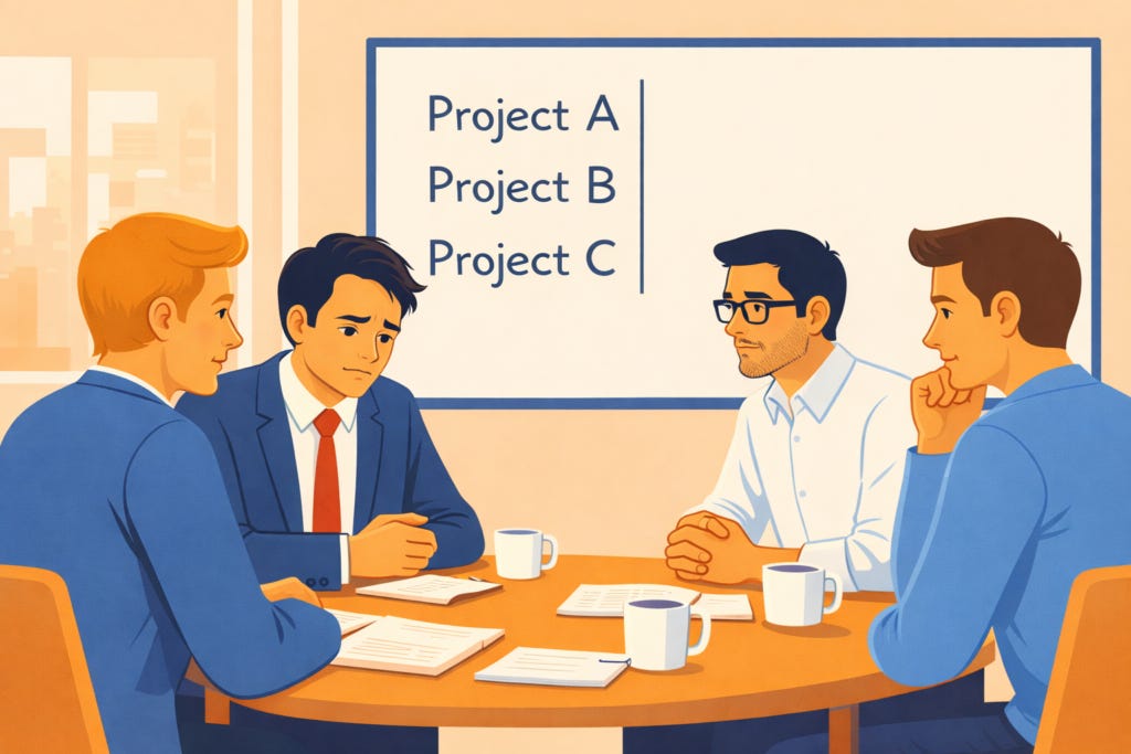 Small team sitting around a table in a modern office discussing project challenges with a whiteboard listing Project A, Project B, and Project C behind them.