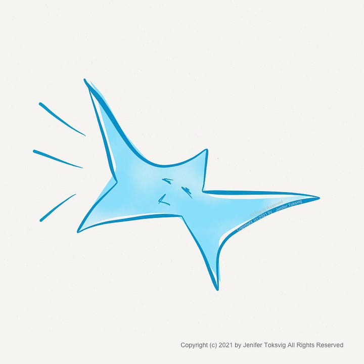 Four different, simple cartoon-style sketches of a blue starfish dancing with a smiley face. In the first image, handwriting in purple ink reads, "Dancing Starfish loves to dance".