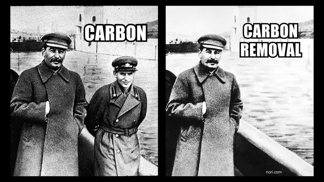 Two versions of the same historical photo of Stalin by a canal. Left, with a second man beside him, labelled "CARBON". Right, the man removed, labelled "CARBON REMOVAL".