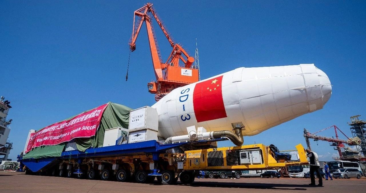 The Jielong-3 Y12 vehicle being moved onto its launch ship days ahead of its flight. The Jielong-3 Y12 vehicle being moved onto its launch ship days ahead of its flight.