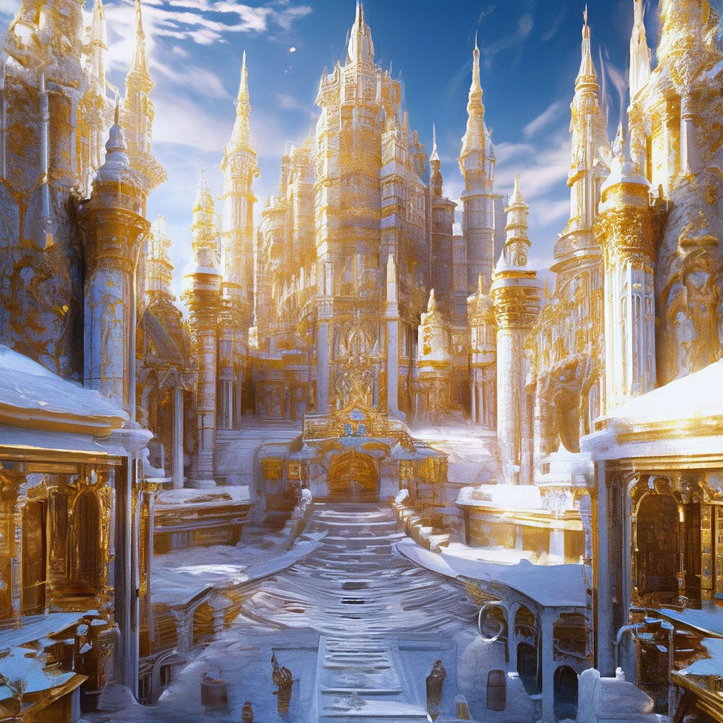 Oriental city with a crystal palace surrounded by a fortress wall, fantasy,  oriental fairy tale, warm colors, white…" — image created in Shedevrum