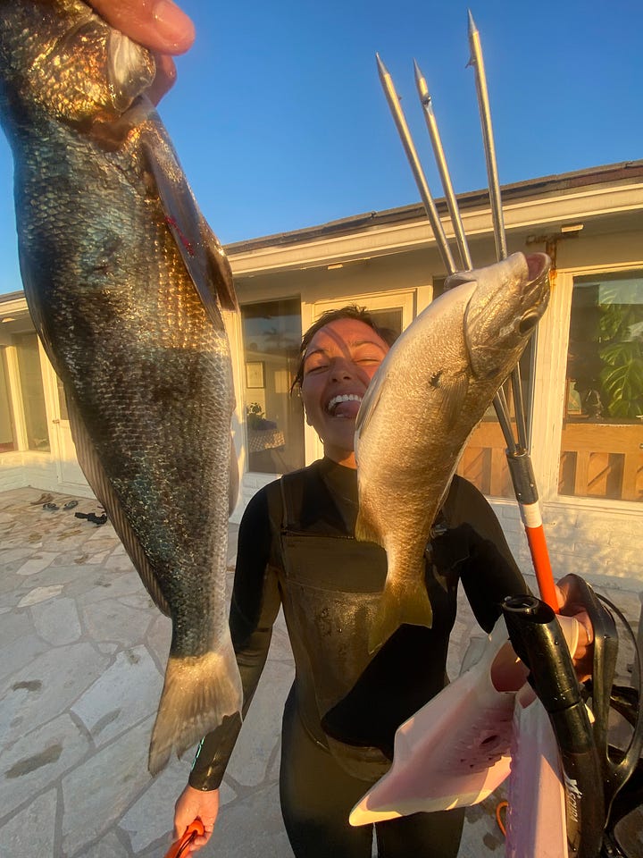 spearfishing father daughter duo with big fish