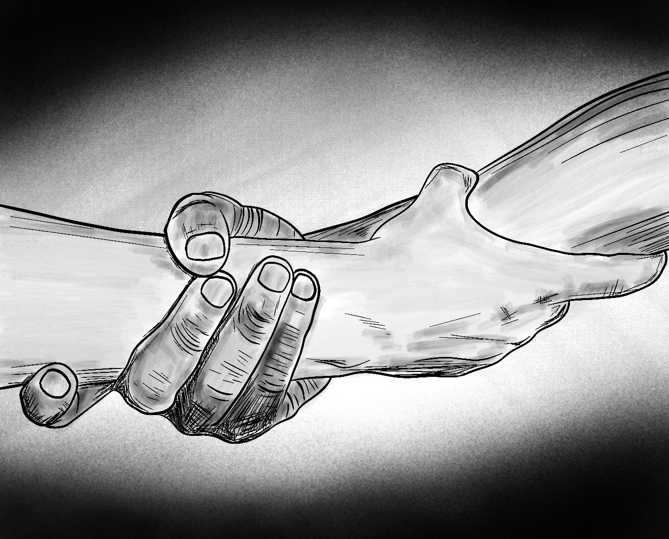 black and white illustration of two people have gripped one another's arms