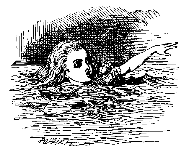 Illustration of Alice in Wonderland, swimming in her pool of tears.
