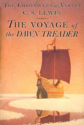 This may contain: the voyage of the dawn treader by c s lewis, illustrated by charles m brown