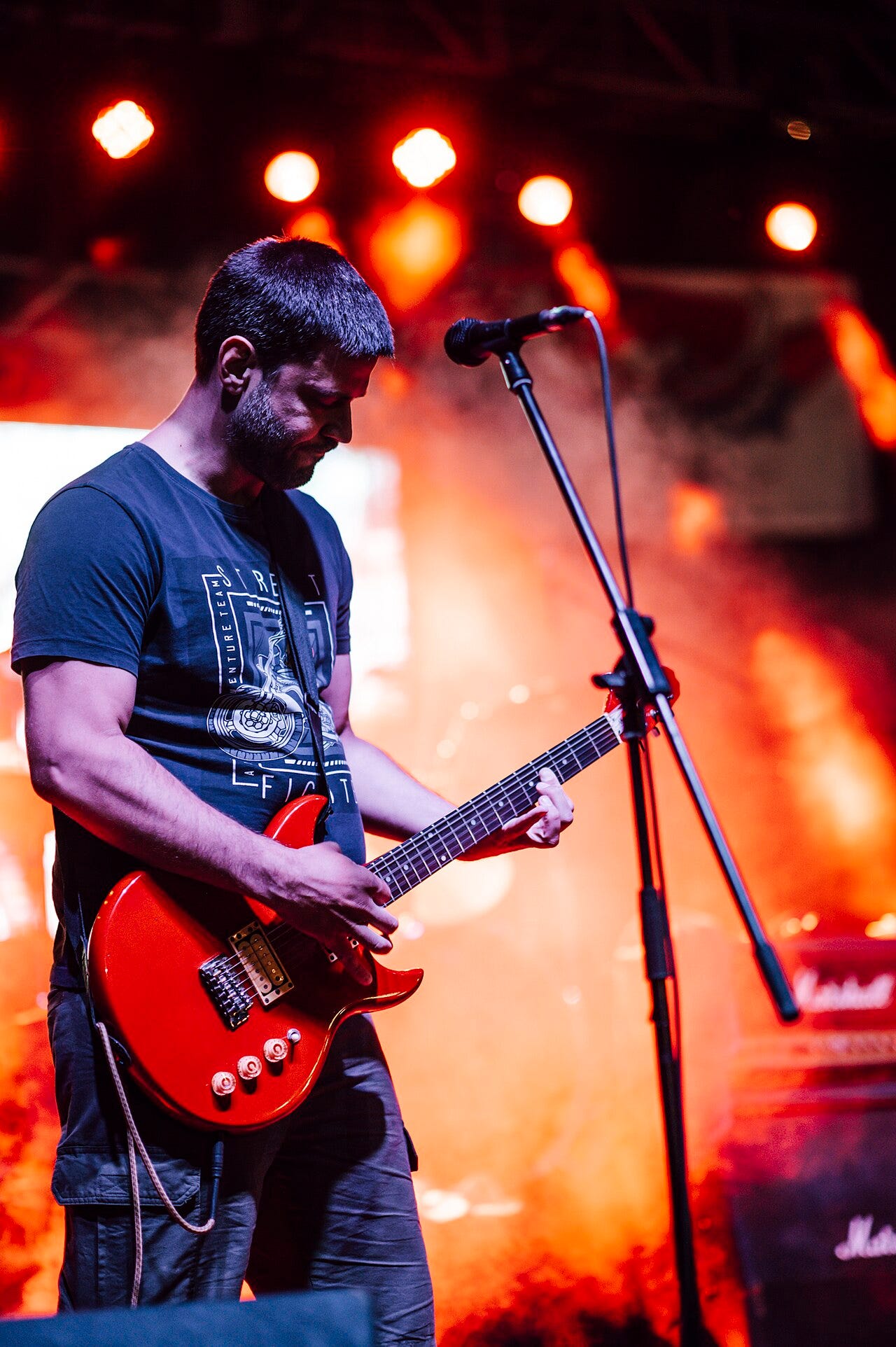 Photo: Shixart1985 / Wikimedia Commons (CC BY 2.0) A talented musician engages the audience while playing an electric guitar on stage. Colorful lights illuminate the scene, creating an energetic atmosphere during the performance.