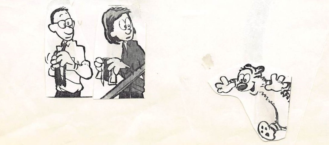 Badly cut out collage made up of two images: A poorly cut out image of Calvin’s parents doing a double take at and equally poorly cut out image of Hobbes doing what can only be described as jazz hands.