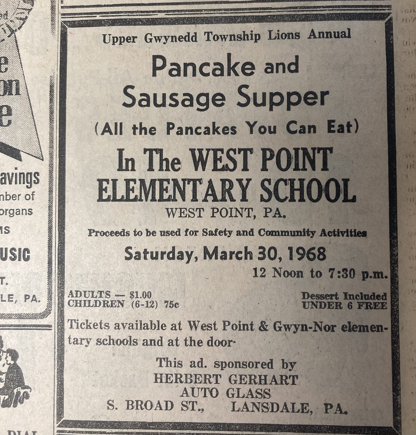 A yellowed newspaper ad for a pancake and sausage supper