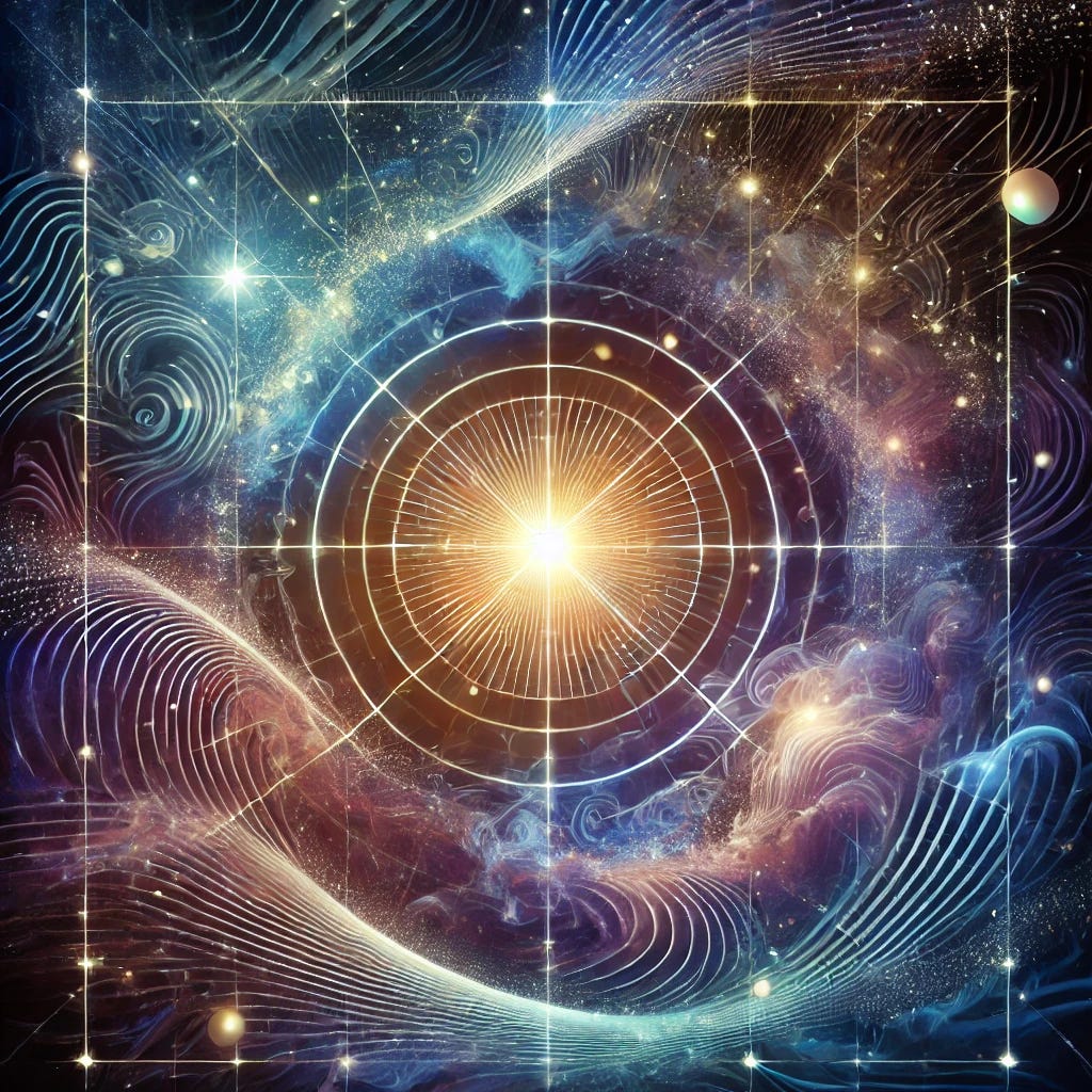 A welcoming and visionary cosmic illustration for the Theory of Magnetivity Substack, featuring swirling magnetic field lines interwoven with cosmic elements like stars and galaxies. In the center, a bright, ethereal glow symbolizes discovery and exploration, with subtle waves and grids to represent the structure of space-time. The color palette should be deep and inviting, using shades of blues, purples, and highlights of neon greens and gold to evoke curiosity and a sense of unity in the universe. The style should feel modern and welcoming, blending scientific detail with mystical allure. A welcoming and visionary cosmic illustration for the Theory of Magnetivity Substack, featuring swirling magnetic field lines interwoven with cosmic elements like stars and galaxies. In the center, a bright, ethereal glow symbolizes discovery and exploration, with subtle waves and grids to represent the structure of space-time. The color palette should be deep and inviting, using shades of blues, purples, and highlights of neon greens and gold to evoke curiosity and a sense of unity in the universe. The style should feel modern and welcoming, blending scientific detail with mystical allure.