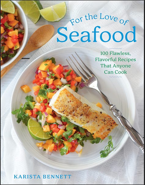 L to R: cover of For the Love of Seafood with pan cooked fish and a red pepper and papaya salsa, Grilled Salmon with Blueberry Ginger Butter and pan cooked Salmon with Savory Strawberry Sauce 