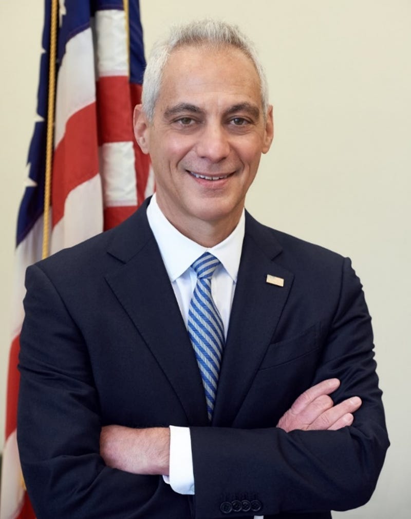 Rahm Emanuel standing with arms crossed in front of flag in official portrait Rahm Emanuel standing with arms crossed in front of flag in official portrait