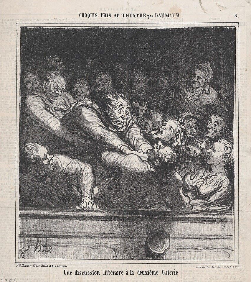 File:A literary argument on the second tier, from 'Theater sketches,' published in Le Charivari, February 27, 1864 MET DP876884.jpg