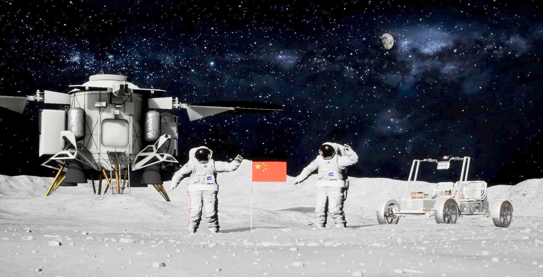 A render of two taikonauts on the lunar surface in their Wangyu lunar spacesuits and with the Lanyue lunar lander (left) and the Tansuo lunar rover (right).