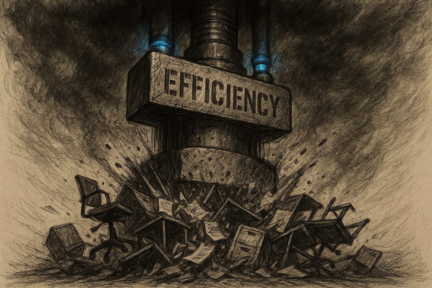 A rough, messy charcoal sketch of a massive hydraulic press labeled "EFFICIENCY" crushing office chairs and paper. Cold blue light vents from the machine under a heavy black sky