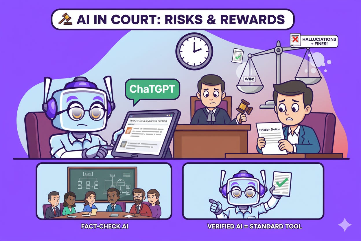 An infographic illustrating the use of AI in legal cases. The top panel depicts a courtroom scene where the Neuralbuddy AI character assists a man with an eviction notice, with scales of justice weighing the "WIN!" against "HALLUCINATIONS + FINES!". The bottom panels show a classroom for fact-checking AI and Neuralbuddy holding a verified legal document, symbolizing its future as a standard tool.