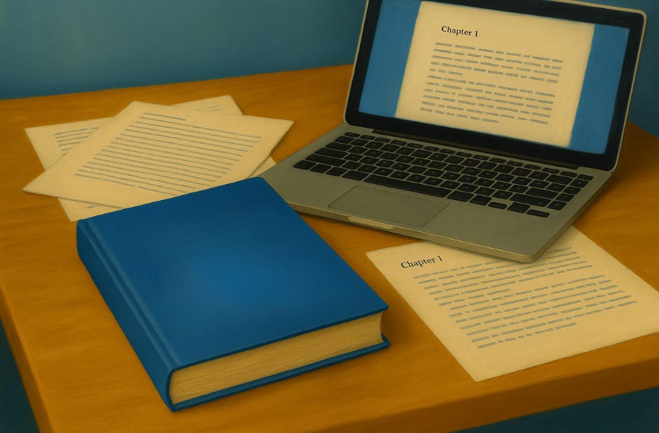 A realistic digital illustration of a wooden desk with a blue book, loose manuscript pages, and an open laptop displaying “Chapter 1” on the screen. The scene is softly lit, with Blueberri-inspired blue and gold tones creating a calm, creative atmospher A realistic digital illustration of a wooden desk with a blue book, loose manuscript pages, and an open laptop displaying “Chapter 1” on the screen. The scene is softly lit, with Blueberri-inspired blue and gold tones creating a calm, creative atmospher