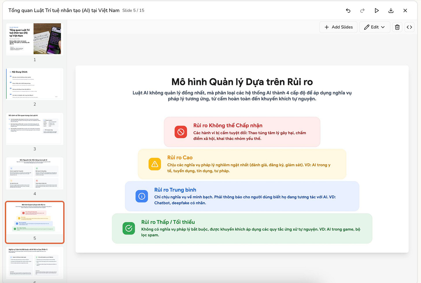 Có thể là đồ họa về văn bản cho biết 'Luật tuệ nhân tạo Viêt ViệtNam Slide /15 AARNUS Add Edit Luật Mô hinh Quản không quản| đồng nhất, nấ phân oạic pháp tương ưng cấm သးအသေ Dựa trên Rủi ro hệ thống thành cấp toàn khích nguyện. dụng nghĩa vụ Rùi Không Các hảnh Chấp nhận đối i:Tha nhóm thế. tămly hắm Rùi ro Cao các nghĩa tế, tuyển dụng, pháp nghiêm ngậtnhất (đảnh giá, đăng dụng pháp. giảm D:A Rúl Trung bình chịu unghĩa deepfake trongy bạch. Phải thông ២ងំ០ người dùng biếth đang tương VỚiA Không spam. thiểu pháp bất buộc, khích dụng VD:A trong bộ' Có thể là đồ họa về văn bản cho biết 'Luật tuệ nhân tạo Viêt ViệtNam Slide /15 AARNUS Add Edit Luật Mô hinh Quản không quản| đồng nhất, nấ phân oạic pháp tương ưng cấm သးအသေ Dựa trên Rủi ro hệ thống thành cấp toàn khích nguyện. dụng nghĩa vụ Rùi Không Các hảnh Chấp nhận đối i:Tha nhóm thế. tămly hắm Rùi ro Cao các nghĩa tế, tuyển dụng, pháp nghiêm ngậtnhất (đảnh giá, đăng dụng pháp. giảm D:A Rúl Trung bình chịu unghĩa deepfake trongy bạch. Phải thông ២ងំ០ người dùng biếth đang tương VỚiA Không spam. thiểu pháp bất buộc, khích dụng VD:A trong bộ'