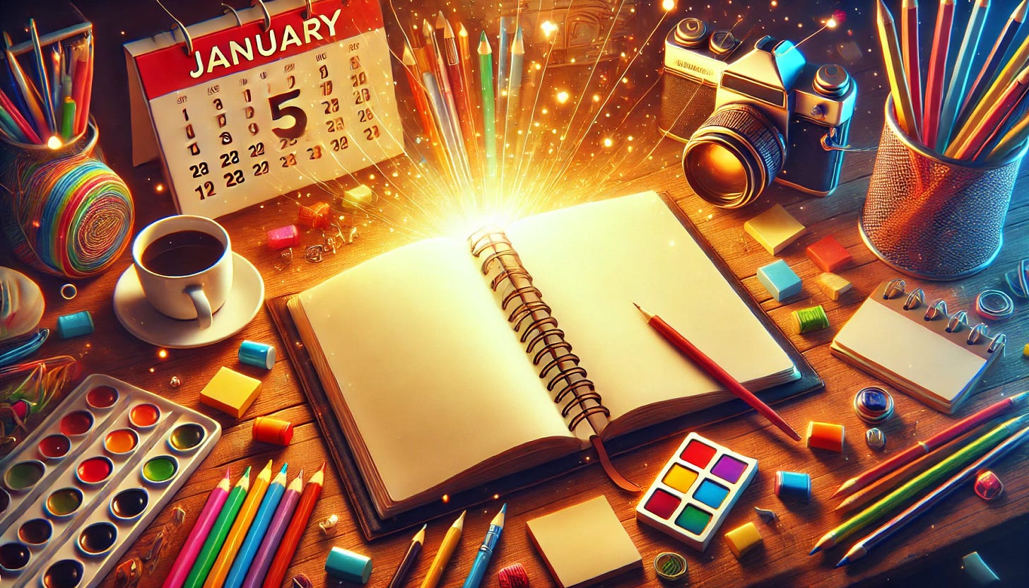 An open book on a desk surrounded by a calendar, coffee, and various art materials and camera