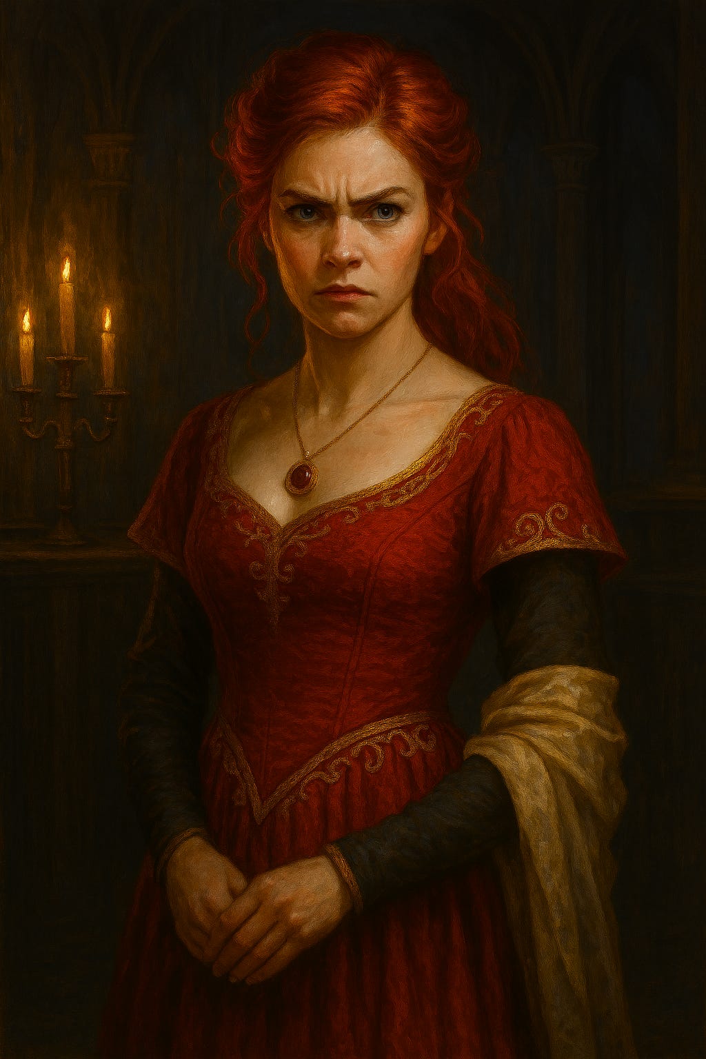 Redraw the image of Ireena Kolyana in her party attire, using her established visual palette. She has her trademark red hair—rich auburn with fiery undertones—styled in an elegant updo with loose strands framing her face. Her features are soft yet resilient, luminous eyes steady with defiance. Her gown is red with gold embroidery, off-the-shoulder, with flowing fabrics and embroidered hems. A cream-colored shawl drapes over one arm. She stands in a dimly lit Gothic hall, candlelight catching in her hair. Her expression is defiant—chin lifted, gaze unwavering, a quiet storm behind her eyes. No direct resemblance to any real actress.