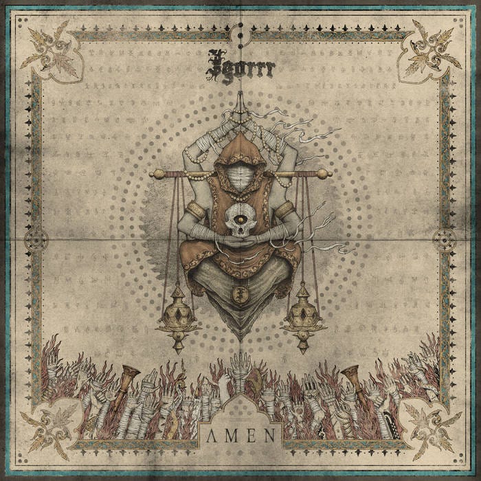 cover of Igorrr's 2025 album Amen; it shows a mandala like medieval figure in the center floating in the air with a hood and numerous arms; also a one eyed skull on its vest; below a bunch of hands reach up towards it
