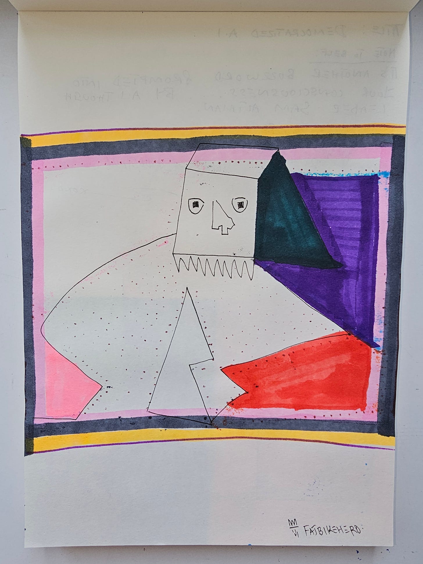 Hand-drawn geometric figure inside a color-framed composition representing a critique of the phrase “democratized AI”. Hand-drawn geometric figure inside a color-framed composition representing a critique of the phrase “democratized AI”.