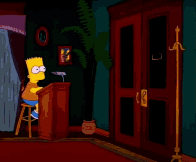 bart simpson is giving a speech at a podium while mr. simpson is standing in front of a door bart simpson is giving a speech at a podium while mr. simpson is standing in front of a door