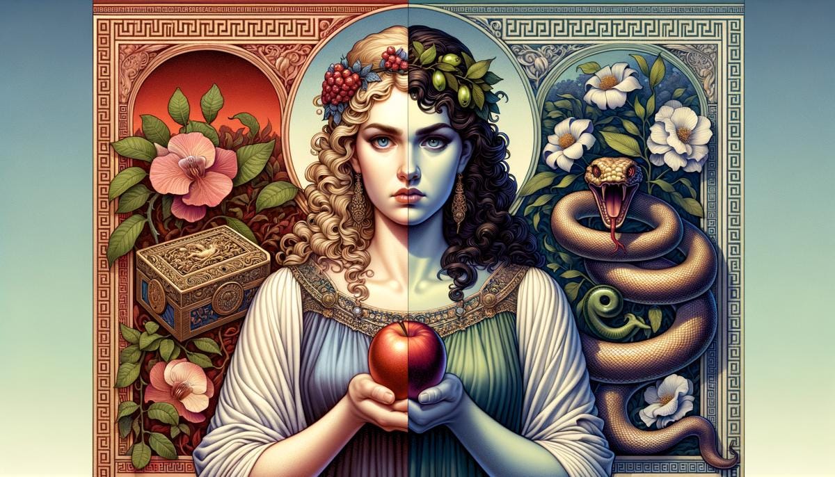 A split image comparing Pandora from Greek mythology and Eve from Biblical mythology, highlighting their roles in altering humanity's fate A split image comparing Pandora from Greek mythology and Eve from Biblical mythology, highlighting their roles in altering humanity's fate