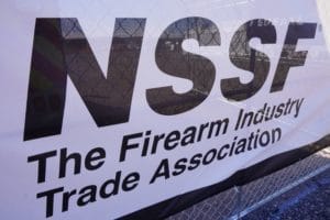 A sign for the National Shooting Sports Foundation at SHOT Show 2022